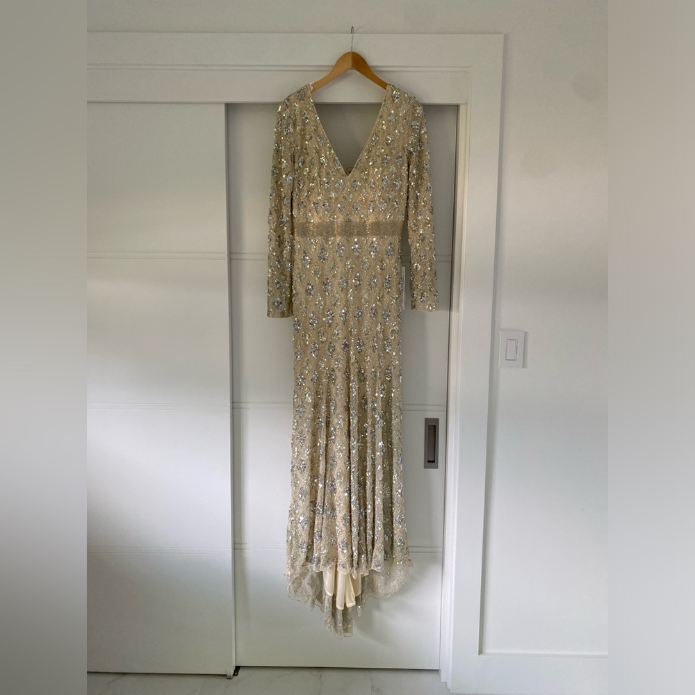 Mac Duggal Long Sleeve Cream Gown with Silver Accents - Picture 5 of 10